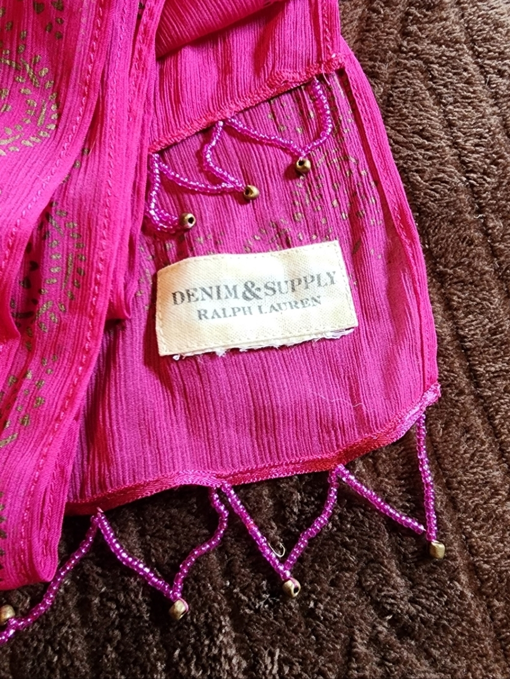 Ralph Lauren Thread & Supply Hot Pink Pashmina Beaded Shawl Scarf Wrap